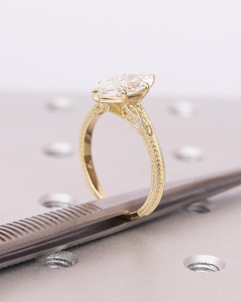 Vintage Filigree 2ct Lab Diamond Engagement Ring, IGI Certified, Marquise Cut Solitaire Ring, Heirloom Jewelry, 14k Solid Gold image #7