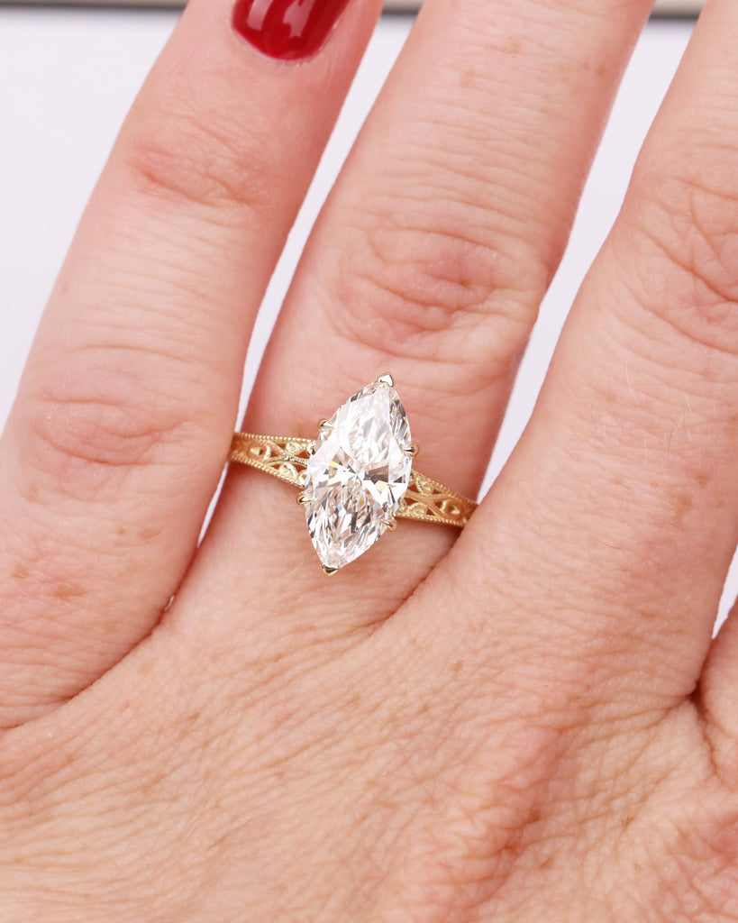 Vintage Filigree 2ct Lab Diamond Engagement Ring, IGI Certified, Marquise Cut Solitaire Ring, Heirloom Jewelry, 14k Solid Gold image #2
