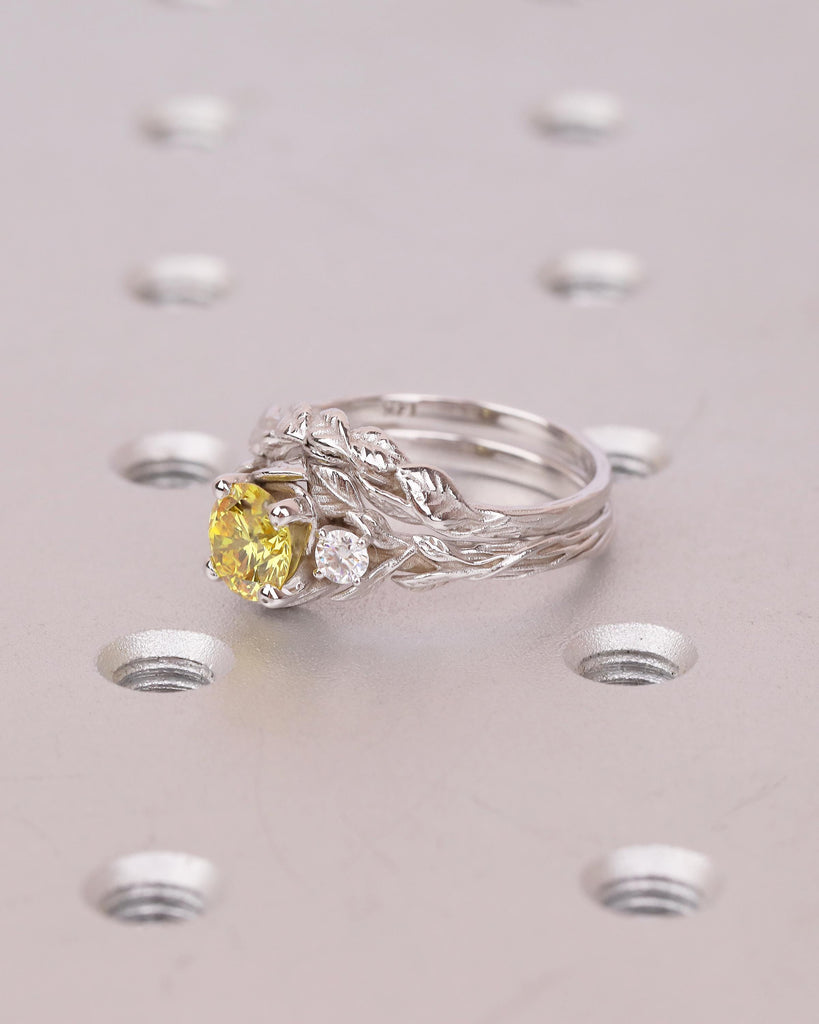 Round Yellow Lab Grown Diamond Engagement Ring Set in White Gold, Nature Inspired Ring image #1