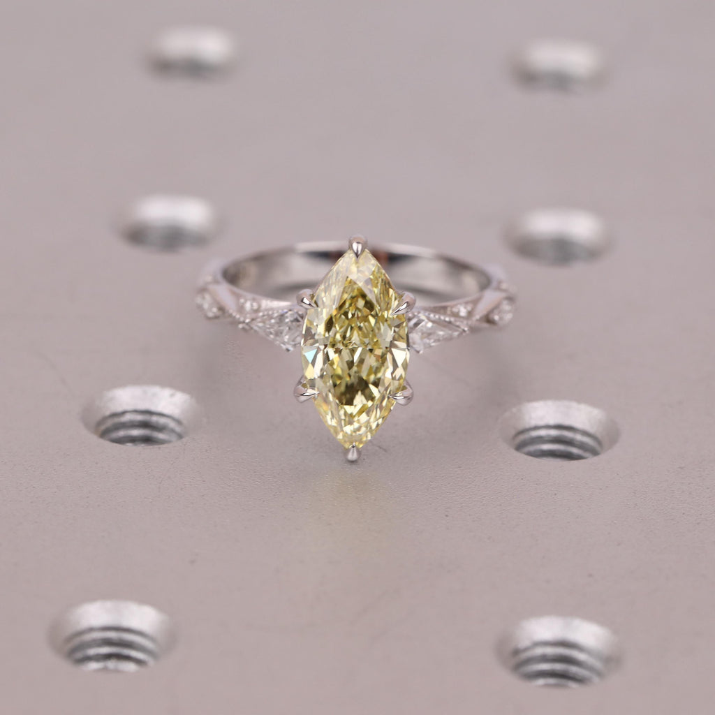 Fancy Yellow Moissanite Unique Engagement Rings for Women | Marquise cut Solid Gold Heirloom Ring | Victorian Style Bridal Jewelry Gift