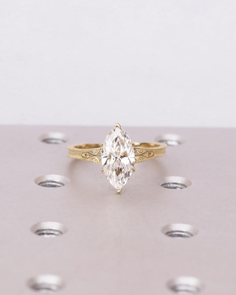 Vintage Filigree 2ct Lab Diamond Engagement Ring, IGI Certified, Marquise Cut Solitaire Ring, Heirloom Jewelry, 14k Solid Gold