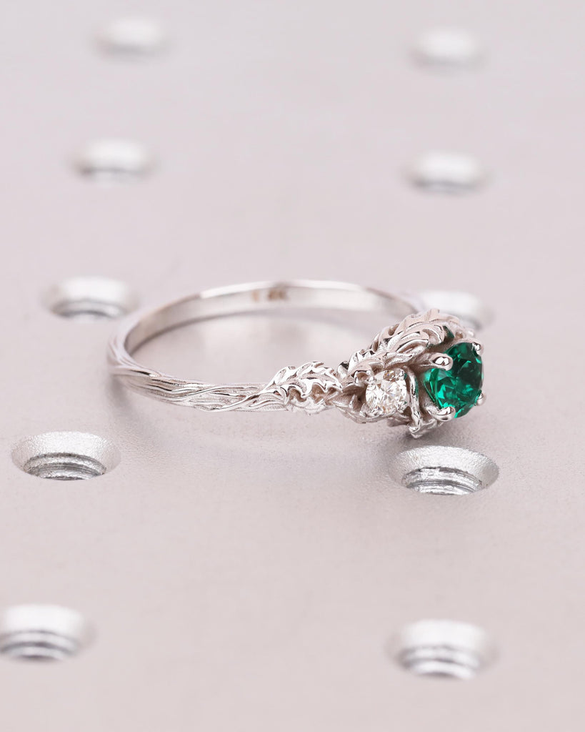 Emerald Leaf Nature Engagement Ring, Forest Inspired Vine Branch Twig Ring, Nature Jewelry, May Birth Ring, Personalized Gift