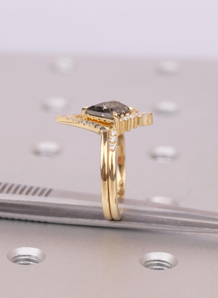 Raw Salt and Pepper Diamond Ring Set, Moissanite Accents, 18k Gold Chevron Ring, V Shaped Ombre Band, Unique Kite Engagement Ring for Her image #14