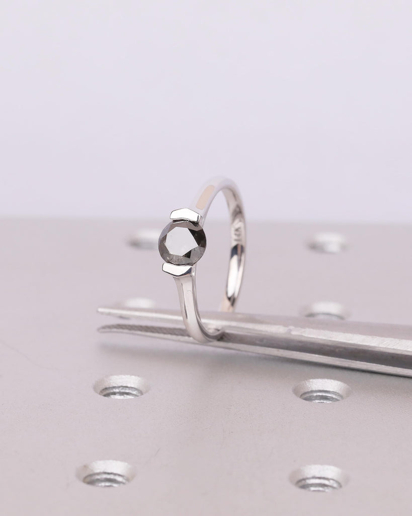 Round Salt and Pepper Diamond Ring, Solitaire Engagement Ring, Promise Rings for Women, Unique 14k Solid Gold Ring, Wedding Anniversary Ring image #14