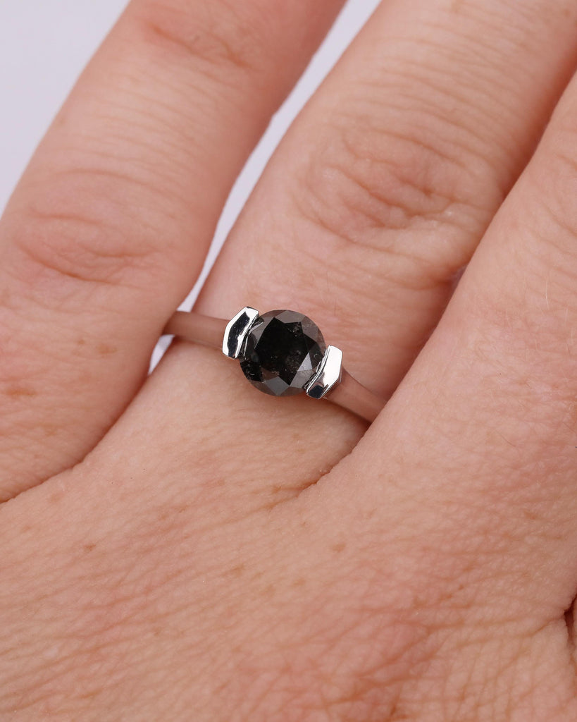 Round Salt and Pepper Diamond Ring, Solitaire Engagement Ring, Promise Rings for Women, Unique 14k Solid Gold Ring, Wedding Anniversary Ring image #16
