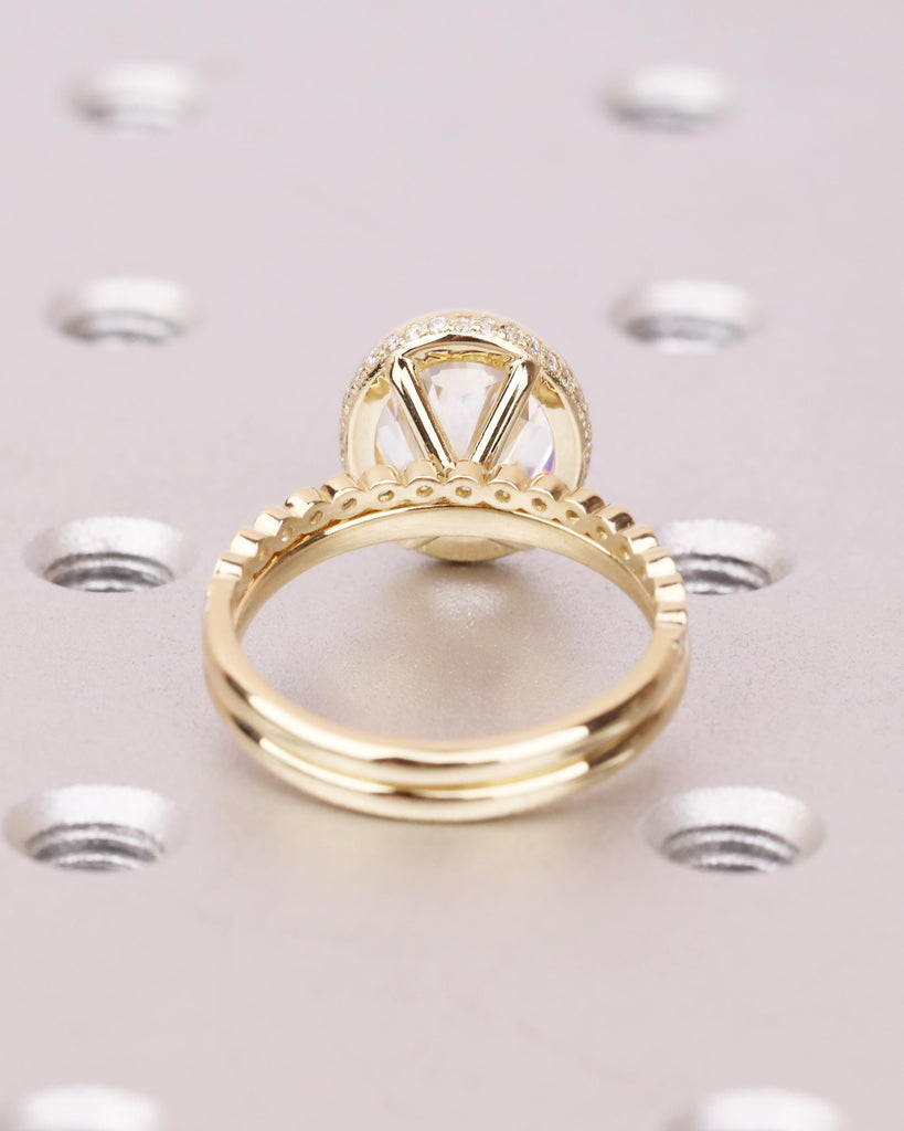 Oval Moissanite Engagement Ring Set, Hidden Halo Bezel Engagement Ring and Half Eternity Wedding Band, 14K Solid Gold Moissanite Bridal Set image #2