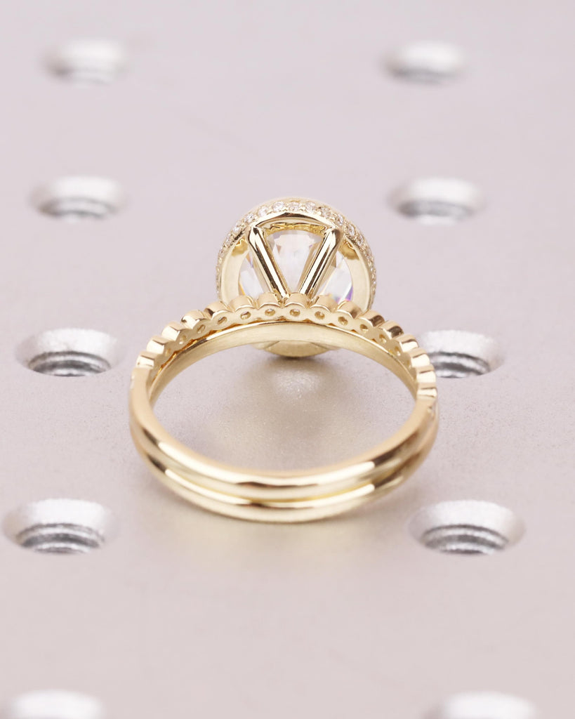 Oval Lab Grown Diamond Hidden Halo Bezel Engagement Ring Set, Half Eternity Bezel Wedding Band, 14K Solid Gold Oval Diamond Wedding Ring Set image #5