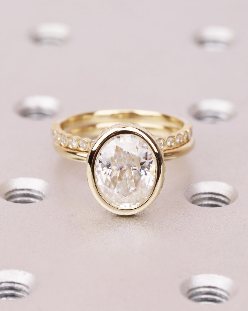 Oval Moissanite Engagement Ring Set, Hidden Halo Bezel Engagement Ring and Half Eternity Wedding Band, 14K Solid Gold Moissanite Bridal Set image #1