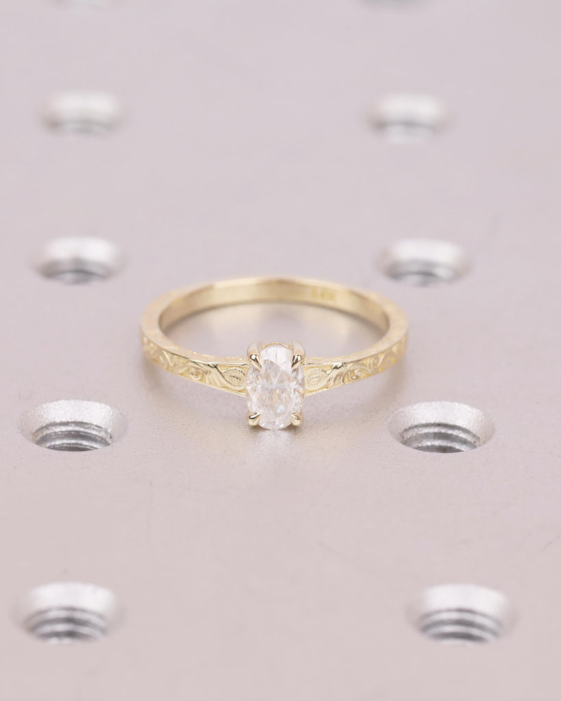 Oval Moissanite Engagement Ring in 14k Yellow Gold, Scrollwork Band, Minimalist Anniversary Ring image #8