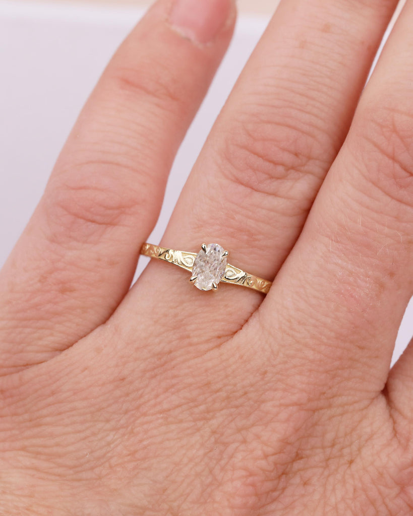Oval Moissanite Engagement Ring in 14k Yellow Gold, Scrollwork Band, Minimalist Anniversary Ring image #17