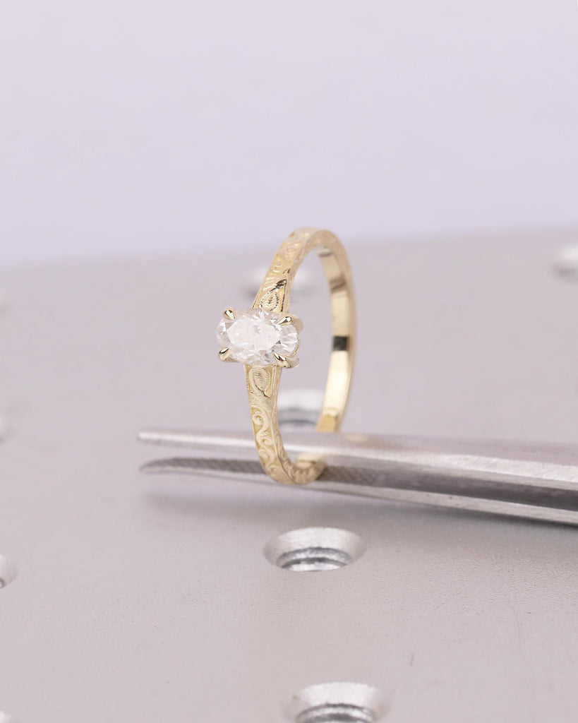 Oval Moissanite Engagement Ring in 14k Yellow Gold, Scrollwork Band, Minimalist Anniversary Ring image #15