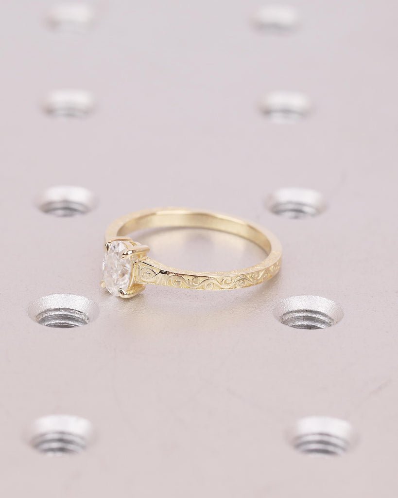 Oval Moissanite Engagement Ring in 14k Yellow Gold, Scrollwork Band, Minimalist Anniversary Ring image #4