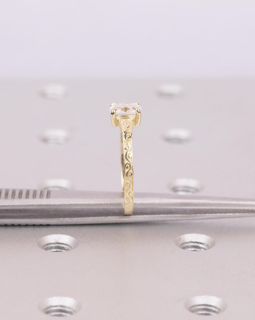 Oval Moissanite Engagement Ring in 14k Yellow Gold, Scrollwork Band, Minimalist Anniversary Ring image #16