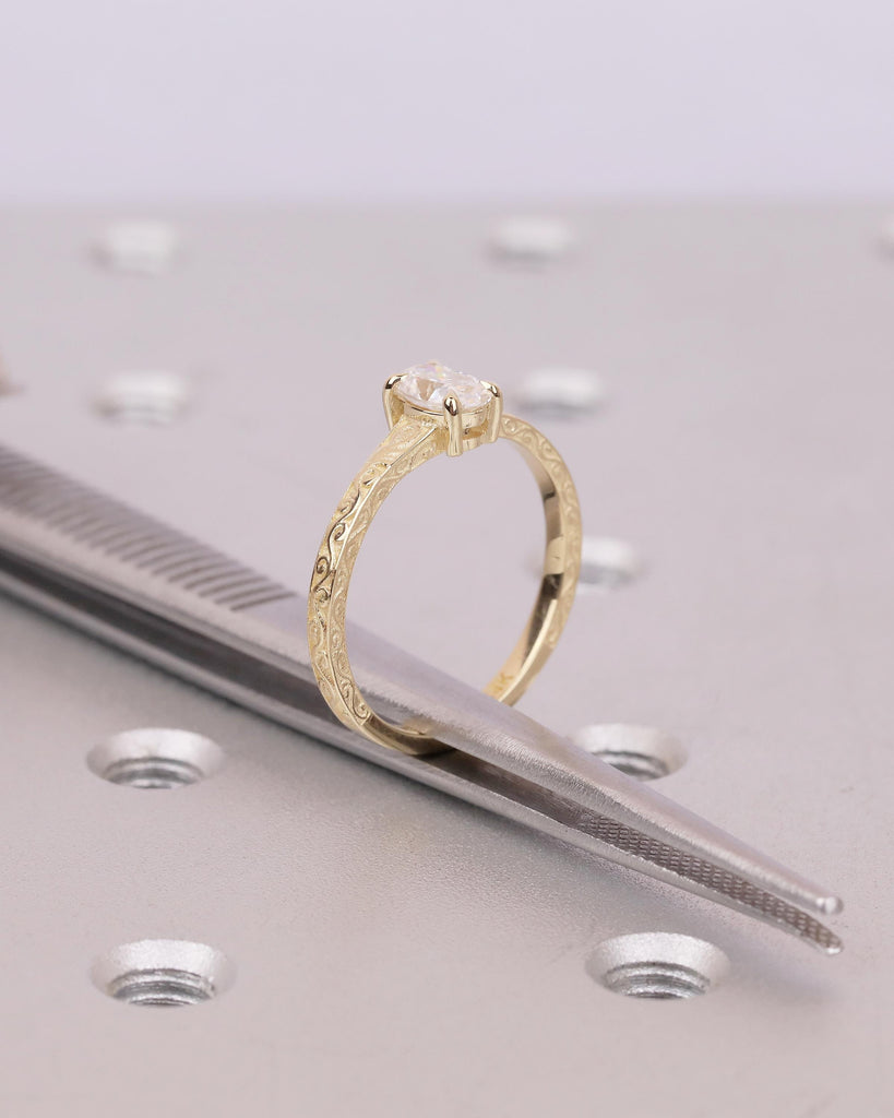Oval Moissanite Engagement Ring in 14k Yellow Gold, Scrollwork Band, Minimalist Anniversary Ring image #5