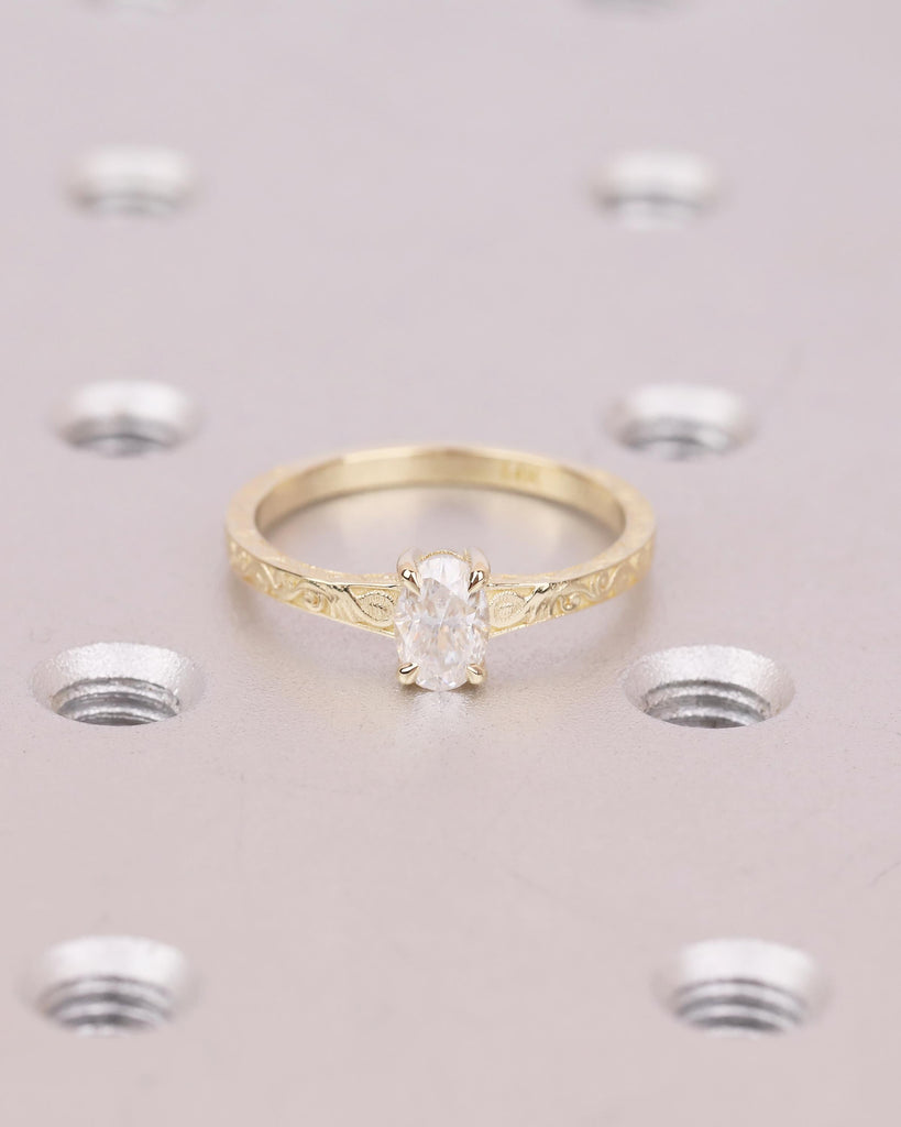 Solitaire Lab Grown Diamond Ring, Oval Engagement Ring, Vintage Inspired 14k Yellow Gold Wedding Anniversary Rings, Carved Filigree Band image #3