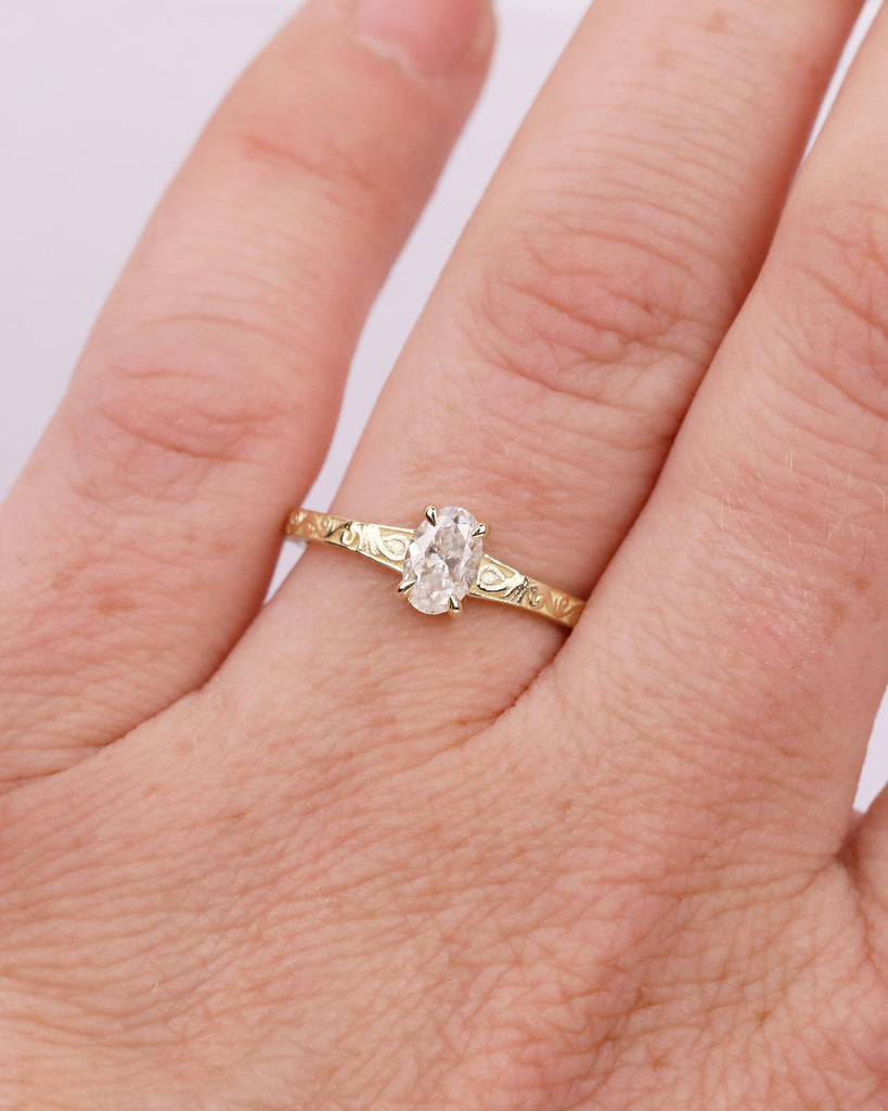 Solitaire Lab Grown Diamond Ring, Oval Engagement Ring, Vintage Inspired 14k Yellow Gold Wedding Anniversary Rings, Carved Filigree Band image #18