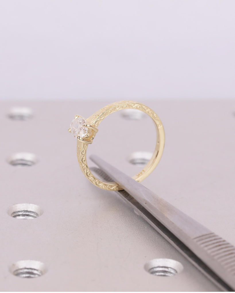 Solitaire Lab Grown Diamond Ring, Oval Engagement Ring, Vintage Inspired 14k Yellow Gold Wedding Anniversary Rings, Carved Filigree Band image #19