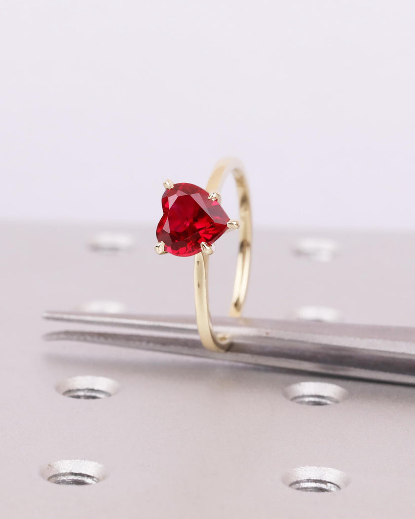 Solitaire Heart Ruby Engagement Ring, 14K Gold, Minimalist Heart Ring, Red Heart Promise Ring, July Birthstone Gift