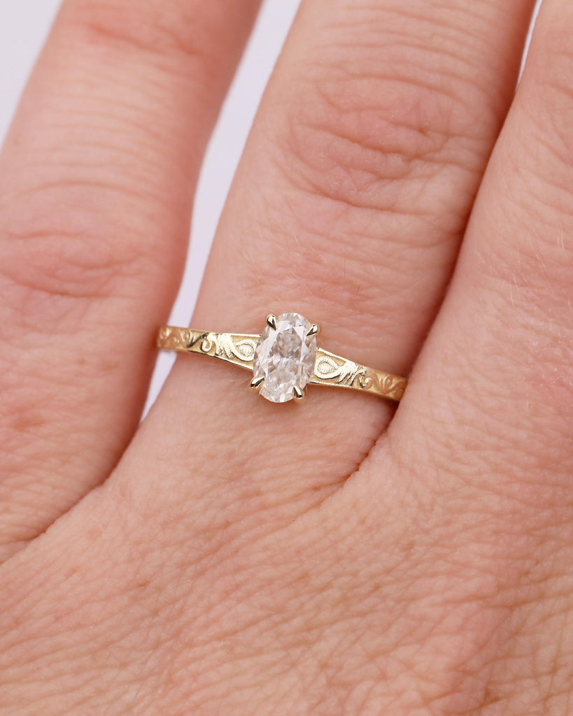 Solitaire Lab Grown Diamond Ring, Oval Engagement Ring, Vintage Inspired 14k Yellow Gold Wedding Anniversary Rings, Carved Filigree Band image #2