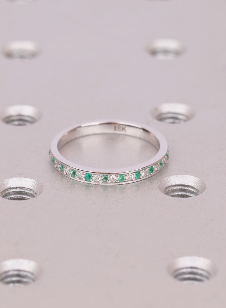 18k White Gold Thin Emerald And Diamond Wedding Band, Gift For Her image #8