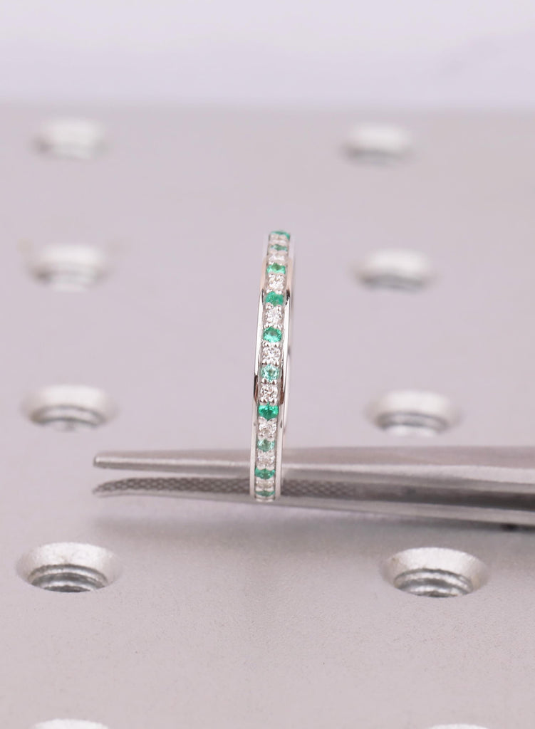 18k White Gold Thin Emerald And Diamond Wedding Band, Gift For Her image #12