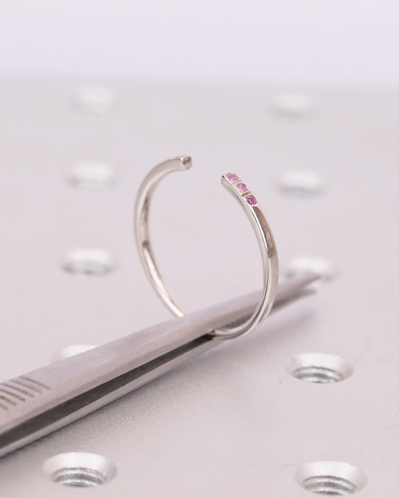 Open Wedding Band Women, Minimalist Platinum Cuff Ring, Natural Pink Sapphire Gemstone Jewelry, Unique September Birthstone Anniversary Ring image #3