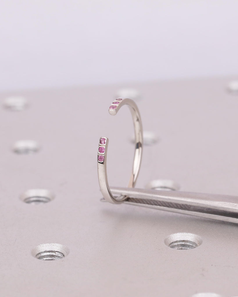 Open Wedding Band Women, Minimalist Platinum Cuff Ring, Natural Pink Sapphire Gemstone Jewelry, Unique September Birthstone Anniversary Ring image #16