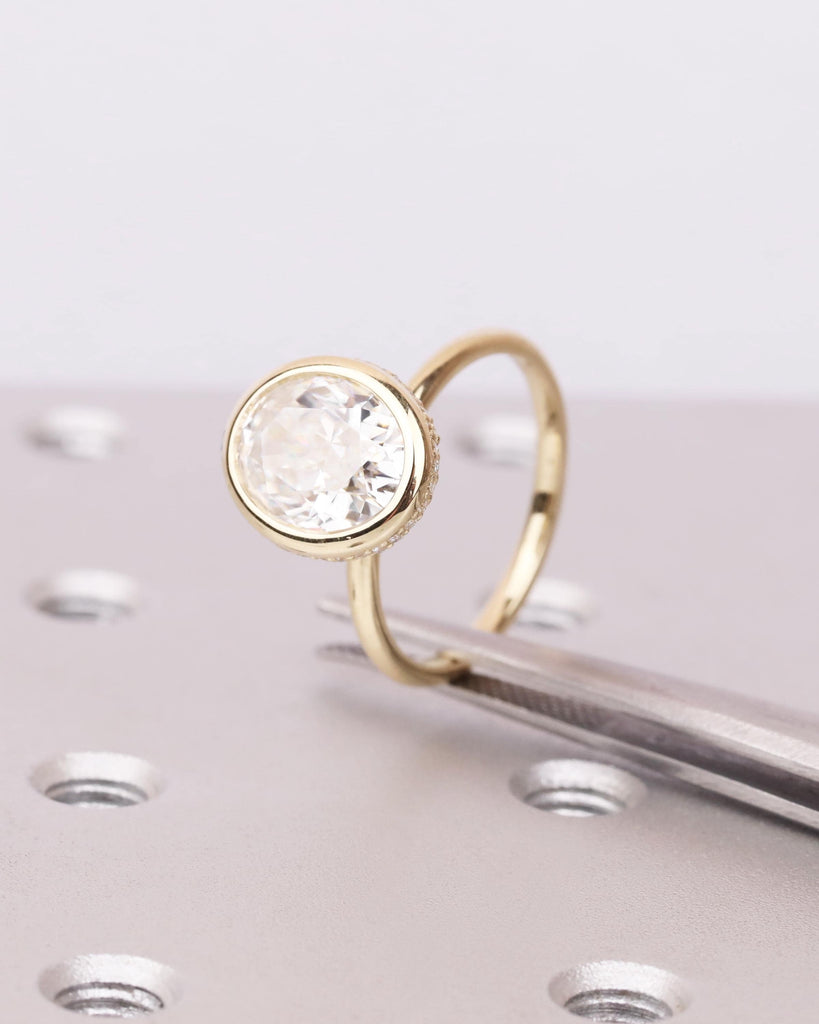 Oval Lab Grown Diamond Ring | Hidden Halo Bezel Engagement Ring | Crushed Ice Diamond Wedding Ring | IGI Certified | Solid Gold Promise Ring image #3
