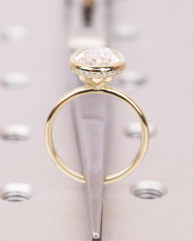 Oval Lab Diamond Engagement Ring, Solitaire Bezel Ring with Hidden Halo, Crushed Ice Oval Ring, Solid Gold Bridal Promise Ring image #9