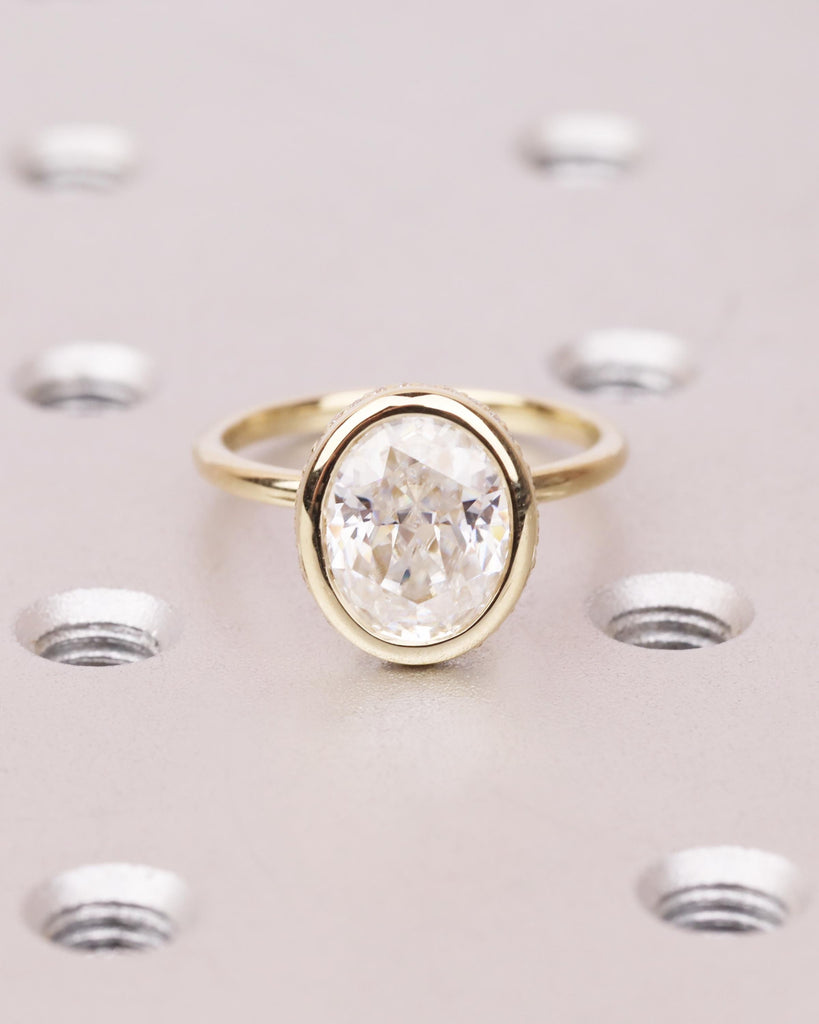 Oval Lab Diamond Engagement Ring, Solitaire Bezel Ring with Hidden Halo, Crushed Ice Oval Ring, Solid Gold Bridal Promise Ring image #2