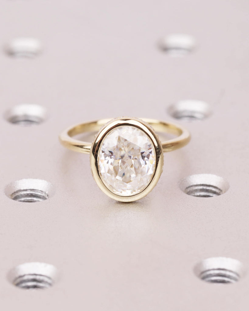 Oval Lab Grown Diamond Ring | Hidden Halo Bezel Engagement Ring | Crushed Ice Diamond Wedding Ring | IGI Certified | Solid Gold Promise Ring image #1