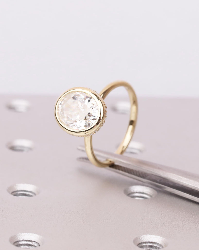 Oval Moissanite Engagement Ring | Crushed Ice Moissanite Hidden Halo Ring | Bezel Engagement Ring | Simple Oval Ring | Gold Promise Ring image #4