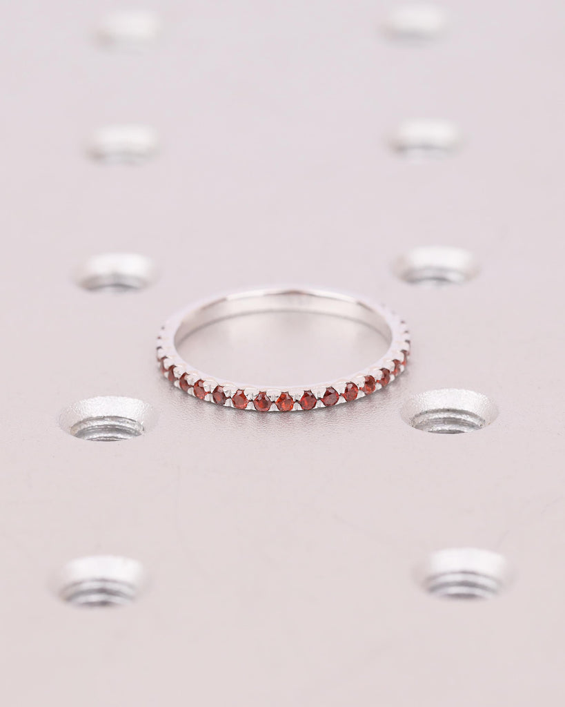 Garnet Wedding Band Women, Dainty 14k White Gold Matching Rings, Unique January Birthstone Ring for Her, Half Eternity Red Gemstone Jewelry image #12