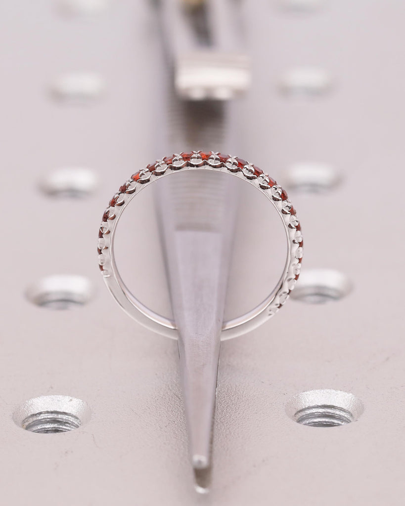 Garnet Wedding Band Women, Dainty 14k White Gold Matching Rings, Unique January Birthstone Ring for Her, Half Eternity Red Gemstone Jewelry image #6
