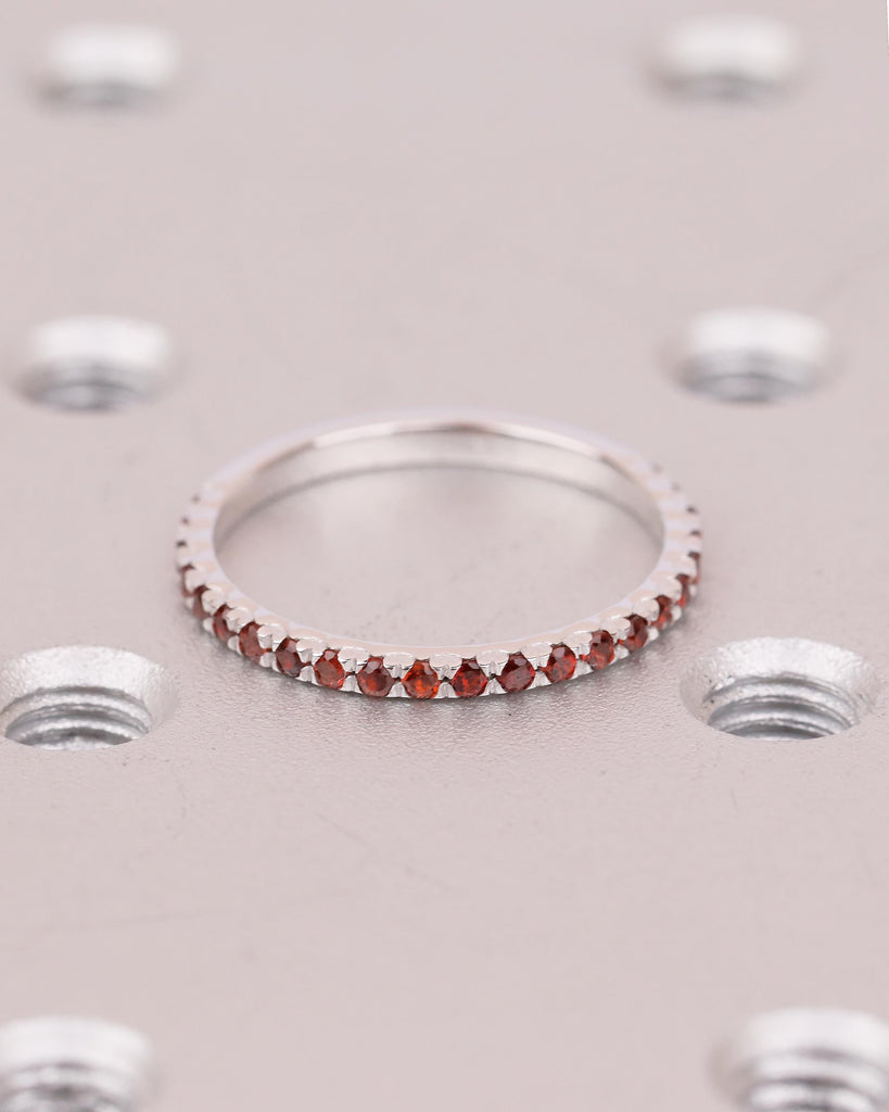 Garnet Wedding Band Women, Dainty 14k White Gold Matching Rings, Unique January Birthstone Ring for Her, Half Eternity Red Gemstone Jewelry image #3