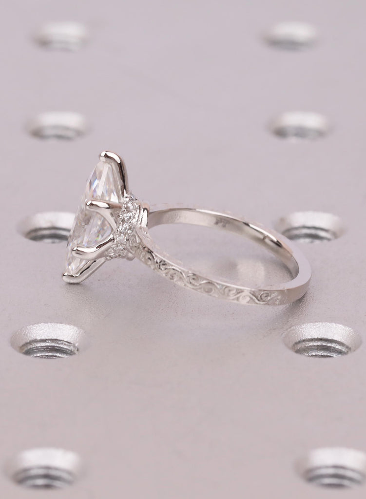 Marquise Lab Diamond Engagement Ring, Hidden Halo, Vintage Filigree Platinum Band image #9