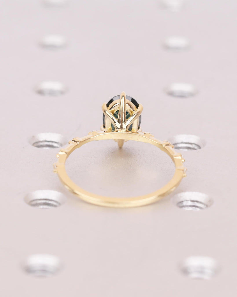 Oval Teal Sapphire Engagement Ring, Dainty 18k Yellow Gold Promise Ring for Her, September Birthstone Rings for Women, Gemstone Jewelry image #6