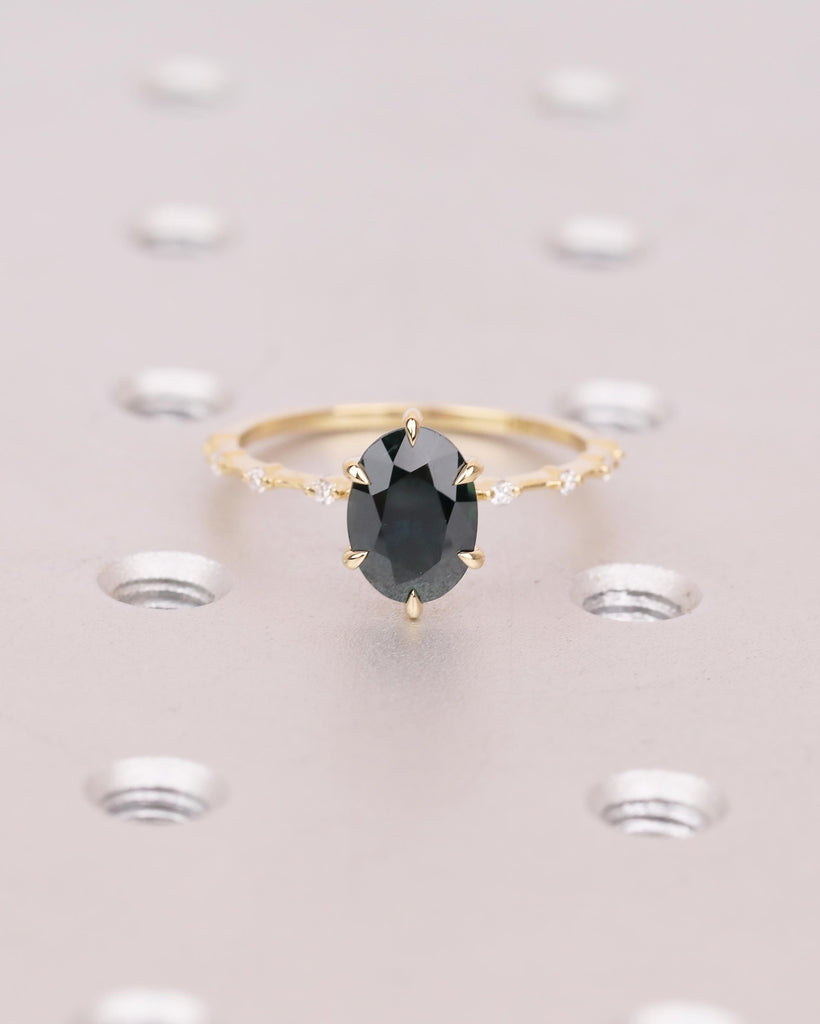 Oval Teal Sapphire Engagement Ring, Dainty 18k Yellow Gold Promise Ring for Her, September Birthstone Rings for Women, Gemstone Jewelry image #14