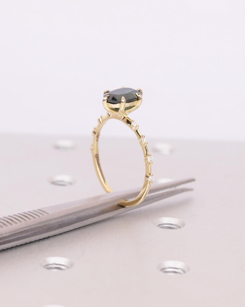 Oval Teal Sapphire Engagement Ring, Dainty 18k Yellow Gold Promise Ring for Her, September Birthstone Rings for Women, Gemstone Jewelry image #13