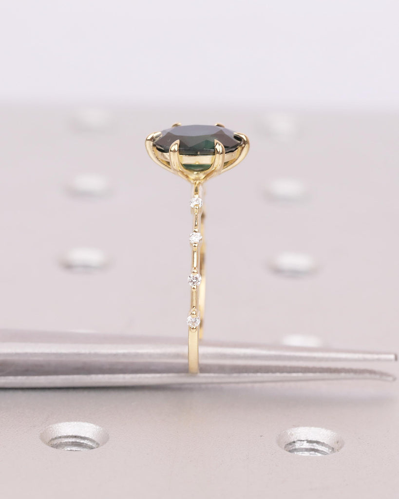 Oval Teal Sapphire Engagement Ring, Dainty 18k Yellow Gold Promise Ring for Her, September Birthstone Rings for Women, Gemstone Jewelry image #8