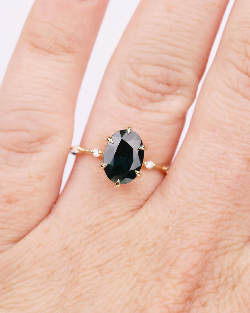 18k Solid Gold Peacock Sapphire Ring, Oval Engagement Ring, Birthstone Jewelry image #16