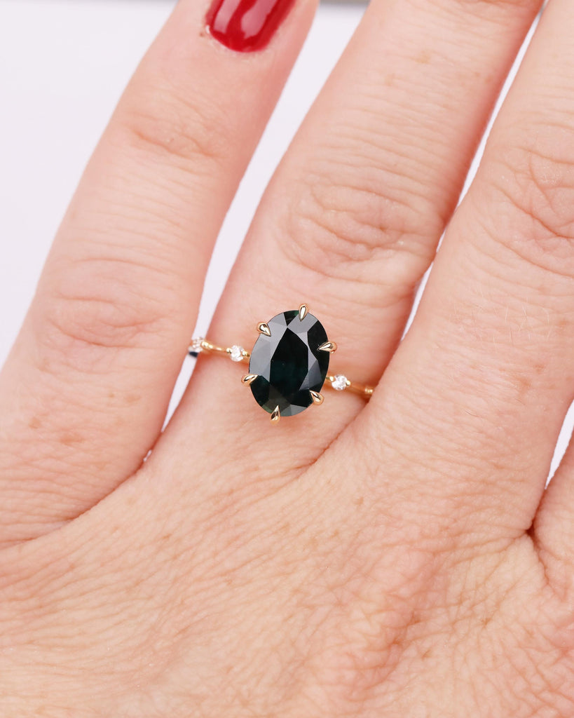 18k Solid Gold Peacock Sapphire Ring, Oval Engagement Ring, Birthstone Jewelry image #11