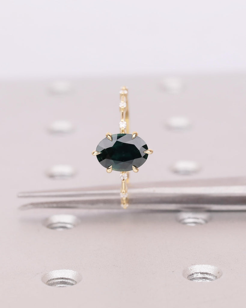 Oval Teal Sapphire Engagement Ring, Dainty 18k Yellow Gold Promise Ring for Her, September Birthstone Rings for Women, Gemstone Jewelry image #12