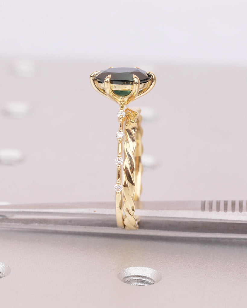 Unique Engagement Ring Set, Peacock Sapphire Ring, Moissanite Accent, Infinity Stacking Rings image #4