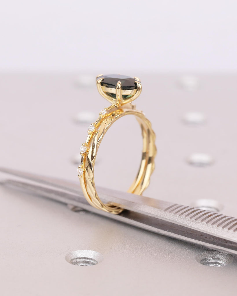 Peacock Sapphire Birthstone Ring, Oval Engagement Ring Set, 18k Gold Infinity Stacking Rings image #5