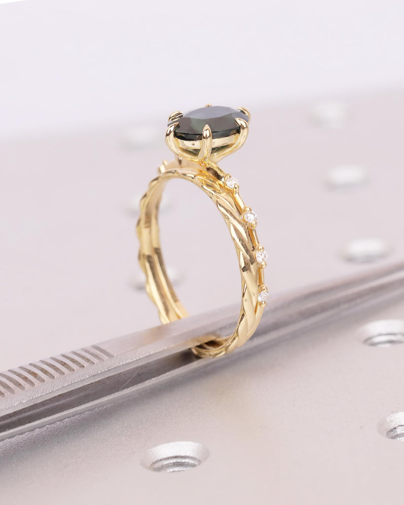 Peacock Sapphire Birthstone Ring, Oval Engagement Ring Set, 18k Gold Infinity Stacking Rings image #15