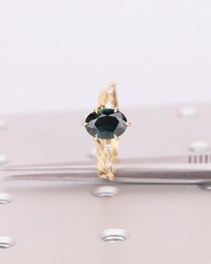 Unique Engagement Ring Set, Peacock Sapphire Ring, Moissanite Accent, Infinity Stacking Rings image #5