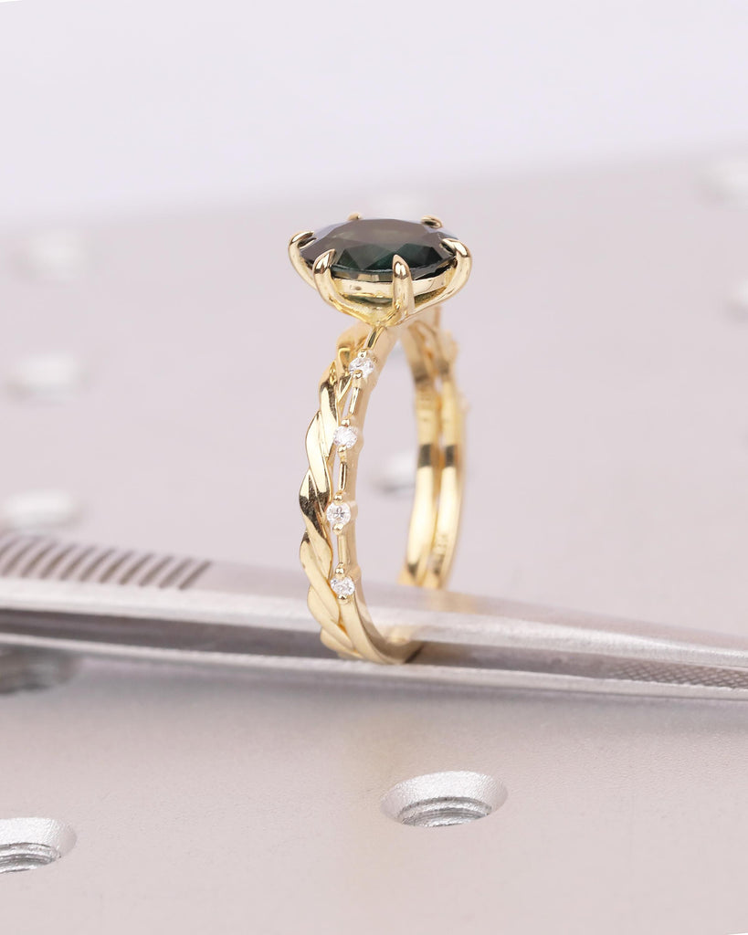 Peacock Sapphire Birthstone Ring, Oval Engagement Ring Set, 18k Gold Infinity Stacking Rings image #7