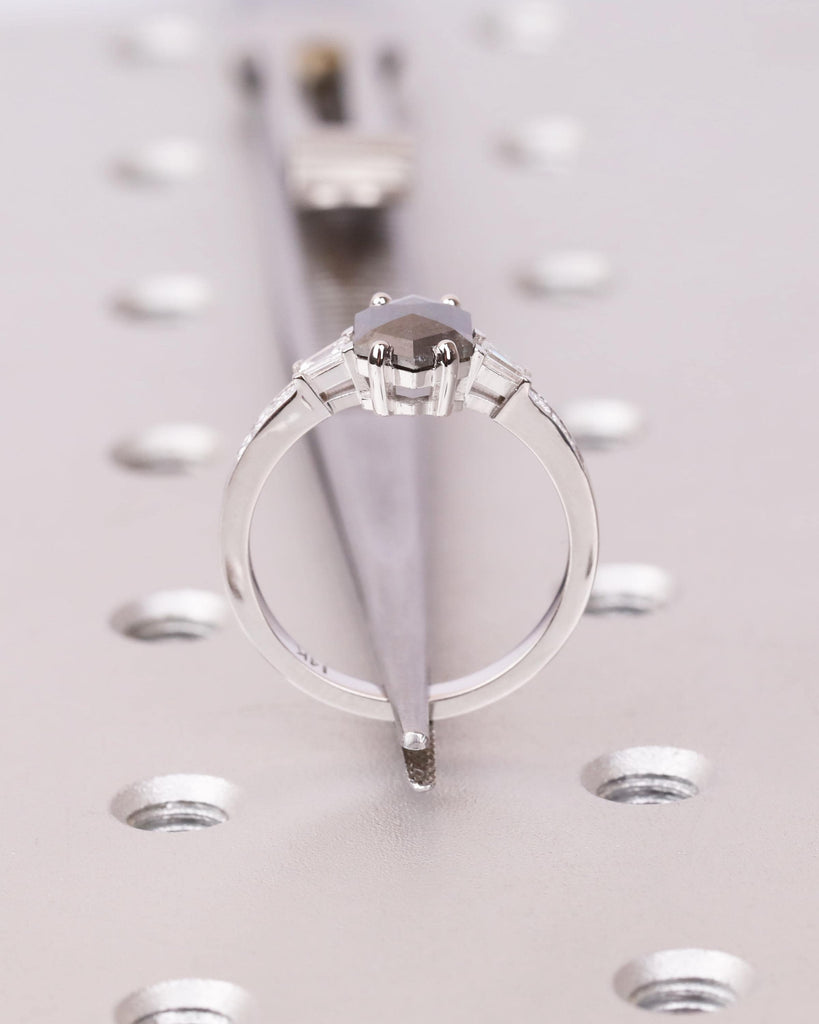 Salt and Pepper Diamond Hexagon Ring, 14K Gold Art Deco Engagement Ring, Princess and Tapered Diamond Baguette Accents, Unique Promise Ring image #7