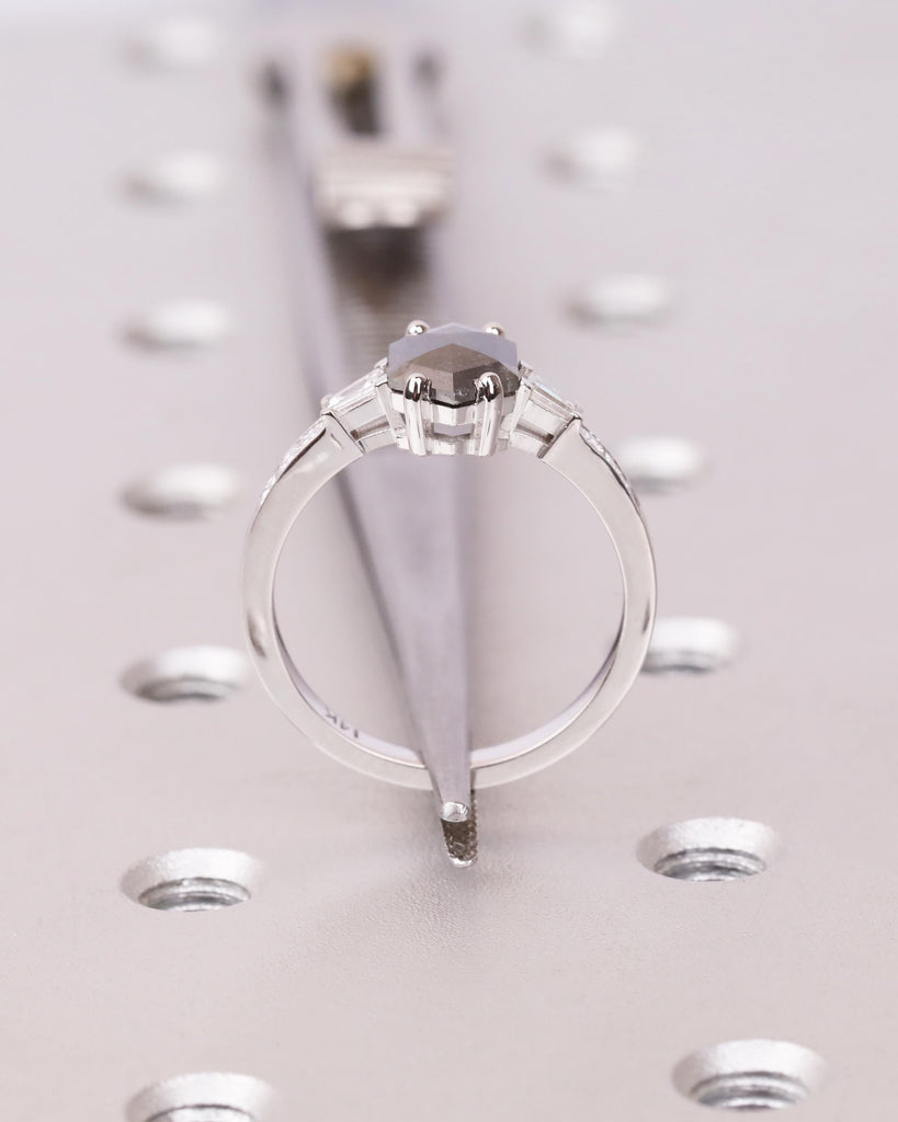 14K Solid Gold Vintage Salt and Pepper Diamond Engagement Ring | Princess Cut and Tapered Baguette Side Stones | Unique Promise Ring for Her image #8